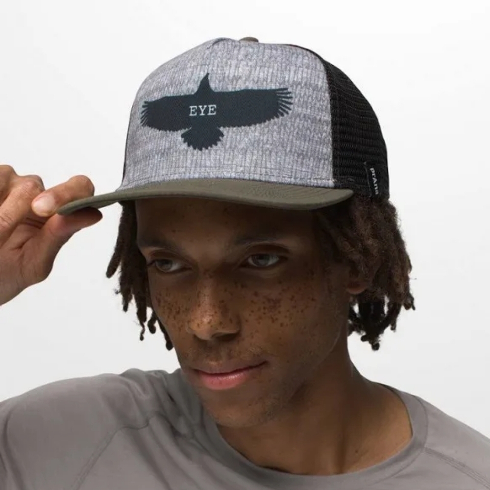 NWOT PrAna Journeyman Flat Brim Eagle Eye Trucker Hat, Color Slate/Green O/S